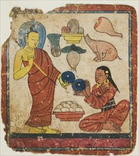 Lady Offering Food to a Monk, From a Set of Initiation Cards (Tsakali), 14th/15th century.