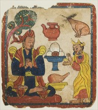 King Mangkur Nourished by Queen Devika, from a Set of Initiation Cards (Tsakali), 14th/15th century.