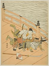 Ushiwakamaru and Benkei fighting on Gojo Bridge, c. 1767.