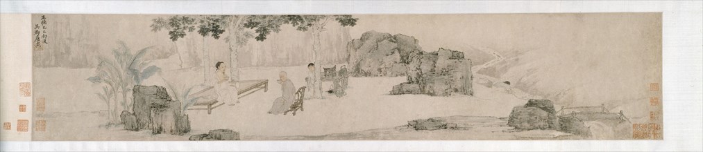 Tea Drinking Under the Wutong Tree, Ming dynasty (1369-1644), 1509. The poet Wu Kuan (left) drinks tea with a Buddhist monk. A servant fans the ceramic kettle used for heating water, while another ser...