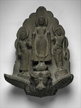 Buddha and Companions Riding a Mythical Animal, Dvaravati period, 8th century.