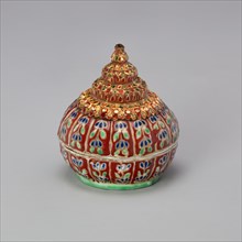 Bencharong (Five-Colored) Ware Miniature Jar with Tiered Cover, 19th century.