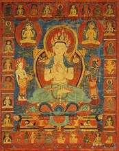 Painted Banner (Thangka) of Bodhisattva Maitreya Surrounded by his Retinue, 16th century.