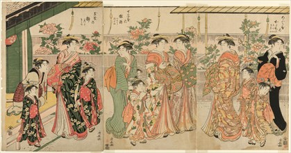 Courtesans of Yoshiwara and their attendants viewing the peonies on Nakanocho, c. 1787.