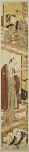Parody of act VII of the play "Treasury of Loyal Retainers (Chushingura)", c. 1782. A man reads a letter on the engawa (veranda) of a pleasure house. On a balcony above, a courtesan reads the coded le...