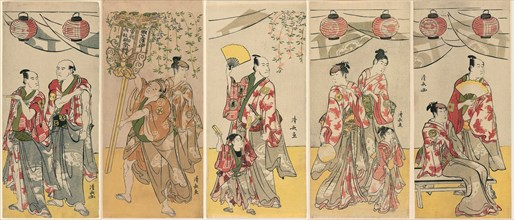Eleven Actors Celebrating the Festival of the Shrine of the Soga Brothers, 1788. pentaptych: Arashi Ryuzo II and Ichikawa Komazo III; Azuma Tozo III and Otani Tokuji; Ichikawa Danjuro V and Ichikawa E...