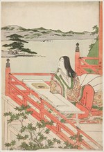 Murasaki Shikibu, Edo period (1615-1868), about 1784. The author sits on a balcony in Ishiyama where she is said to have written the classic romance "Genji Monogatari" (Tale of Genji). Calligraphy bru...