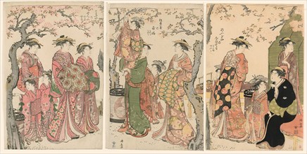 Courtesans and Their Child Attendants under Blossoming Cherry Trees, 1785. Left-hand panel: the courtesans Senzan, Yasono, and Yasoji of the Chojiya.