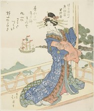 Courtesan watching foreign ship from balcony, c. 1818/44.