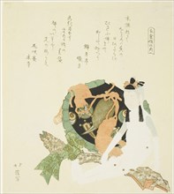 Two dolls and a brocade bag, from the series "Clothing, Food, and Shelter (Ishokuju no uchi)", 1818.
