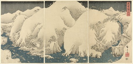 Mountains and Rivers on the Kiso Road (Kisoji no yamakawa), from an untitled series of triptychs, 1857.