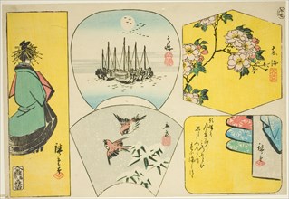 Plum branch, Susaki, courtesan, sparrows, and clothes behind screen, 1858.