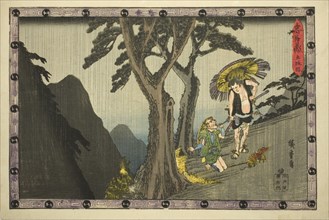 Act 5 (Godanme), from the series "Storehouse of Loyal Retainers (Chushingura)", c. 1834/39. During a heavy rainstorm in the mountains near Kyoto, an old peasant kneels and begs for mercy. Sadakuro, wi...