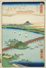 Sunset Glow at Seta (Seta sekisho), from the series "Eight Views of Omi (Omi hakkei)", 1857.
