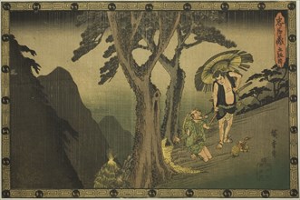 Act 5 (Godanme), from the series "The Revenge of the Loyal Retainers (Chushingura)", c. 1834/39. During a heavy rainstorm in the mountains near Kyoto, an old peasant kneels and begs for mercy. Sadakur...