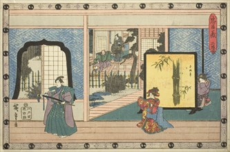 Act 2 (Nidanme), from the series "The Revenge of the Loyal Retainers (Chushingura)", c. 1834/39. Scene depicting young lovers Konami and Rikiya, Konami's father descending the staircase into a garden,...