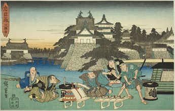Act 3 (Sandanme), from the series "The Revenge of the Loyal Retainers (Chushingura)", c. 1834/39. Honzo brings gifts for Lord Kira on behalf of Lord Wakasa. The scene is a shogunal mansion in Kamakura...