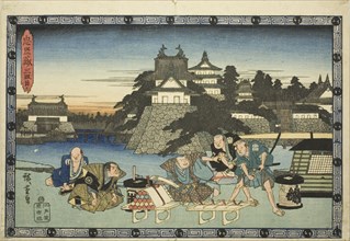 Act 3 (Sandanme), from the series "The Revenge of the Loyal Retainers (Chushingura)", c. 1834/39. Honzo brings gifts for Lord Kira on behalf of Lord Wakasa. The scene is a shogunal mansion in Kamakura...