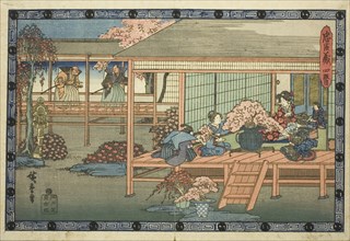 Act 4 (Yondanme), from the series "The Revenge of the Loyal Retainers (Chushingura)", c. 1834/39. Asano's wife sits with attendant maids and Rikiya while arranging cherry blossoms. Arriving in the bac...