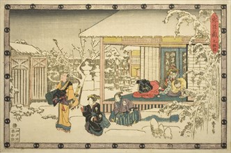 Act 9 (Kyudanme), from the series "The Revenge of the Loyal Retainers (Chushingura)", c. 1834/39. In a snow-covered courtyard, Honzo has committed seppuku in the presence of his wife and daughter. Kur...