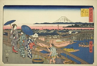 Nihon Bridge to Edo Bridge (Nihonbashi Edobashi), from the series "Famous Places in Edo (Edo meisho)", 1853.