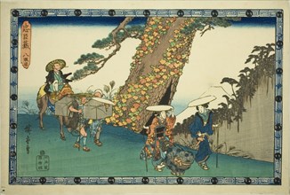 Act 8 (Hachidanme), from the series "The Revenge of the Loyal Retainers (Chushingura)", c. 1834/39. Tonase and her daughter Konami travel on foot from Edo to Yamashima to meet Rikiya, in the hope of r...