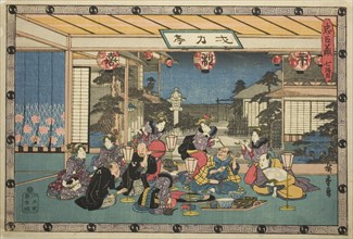 Act 7 (Shichidanme), from the series "The Revenge of the Loyal Retainers (Chushingura)", c. 1834/39. Kuranosuke attends a banquet at Ichiriki-ya, a teahouse served by courtesans. Also present is Kuday...