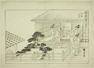 Untitled Drawing, for the series English Title (Hizakurige kimama dôchû), n.d. A man holds his nose as he holds up a pole with a piece of fabric. People on a balcony above look surprised.