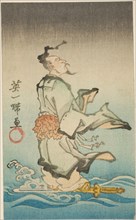 Joriken riding his sword across water, section of a sheet from an untitled harimaze series, 1858.