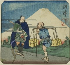 Numazu, section of a sheet from the series "A Harimaze Mirror of Joruri Plays (Harimaze joruri kagami)", 1854.