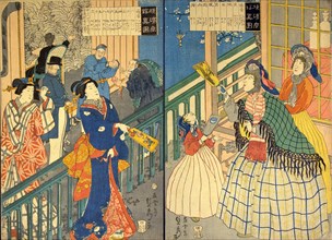 True View of a Yokohama Mercantile House (Yokohama shokan shinzu), 1861. European and Japanese women playing battledore and shuttlecock.