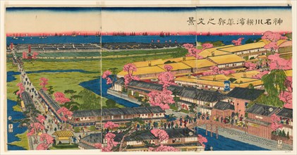Panoramic View of the Pleasure Quarters in Yokohama, Kanagawa (Kanagawa Yokohama hanakuruwa no kokei), 1860.