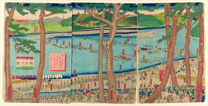 Procession of Minamoto no Yoritomo across the Oi River (Minamoto Yoritomo ko Oikawa gyoretsu zu), 1863. Entourage of the Shogun Minamoto no Yoritomo.