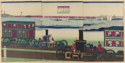 Picture of Steam Locomotives Traveling (Jokisha rikudo tsuko no zu), 1870.