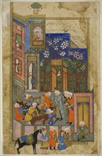 Judge (Qazi) of Hamadan in a Drunken State, a scene from the Gulistan of Sa'di, about 1550.