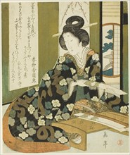 A Woman with a Poem Card, from the series "A Set of Seven for the Katsushika Club", c. 1825.