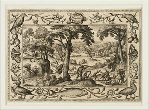 Boar Hunt, from Landscapes with Old and New Testament Scenes and Hunting Scenes, 1584.