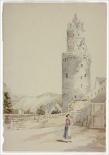 Woman and Child before Walled Town with Tower, n.d.