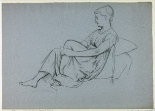 Woman Resting Against Pillows Clasping Her Knee, n.d.
