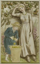 Girl and Boy Picking Apples, n.d.
