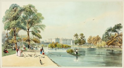 Buckingham Palace from St.James Park, plate eleven from Original Views of London as It Is, 1842.