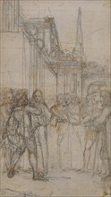 Literary Illustration: Man with Sword Confronting Group of Figures Before Building, n.d.