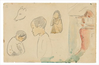 Sketches of Crouching and Standing Figures, a Pig, and a Hut at Water’s Edge, 1891.