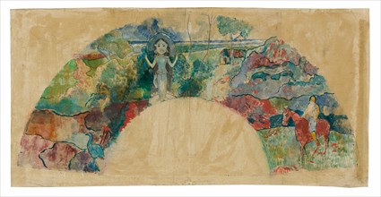 Design for a Fan Featuring a Landscape and a Statue of the Goddess Hina, 1900/03.