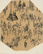Sheet of Sketches: Hounds, Riders, Ladies. Architectural Elements, Insects, n.d.