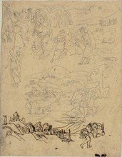 Sketches of Biblical Scenes, Town by Lake, Mountain Village, Warrior, n.d.