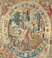 July, from The Medallion Months, Brussels, before 1528. Harvest scene with Runcina, the goddess of weeding or mowing in Roman mythology. In the circular frame are the signs of the zodiac. In the four ...