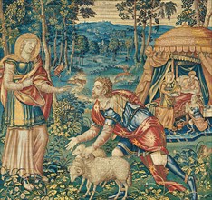 The Meeting of Jacob and Rebecca, and Isaac Blessing Jacob, from The Story of Jacob, Brussels, 1560/68. Woven at the workshop of Jan van Tieghem. Detail from a larger artwork.