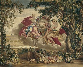 Autumn, from The Seasons, Paris, 1700/20. Diana and Bacchus float on a cloud, holding a floral wreath featuring a stag hunt. In the background is the Château de Saint-Germain-en-Laye, a royal retreat ...