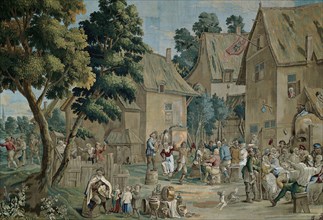 Village Fete (Saint George's Fair), from a Teniers series, Brussels, c. 1710. Woven at the workshop of Gaspard (Jasper) van der Borcht, after a design by David II Teniers. Detail from a larger artwork...